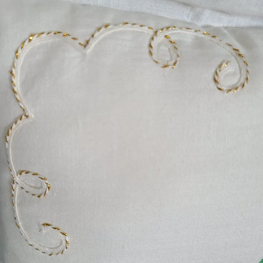 Christmas Poinsettia Embroidered Throw Pillow Gold Cord Scalloped Ruffle Vintage